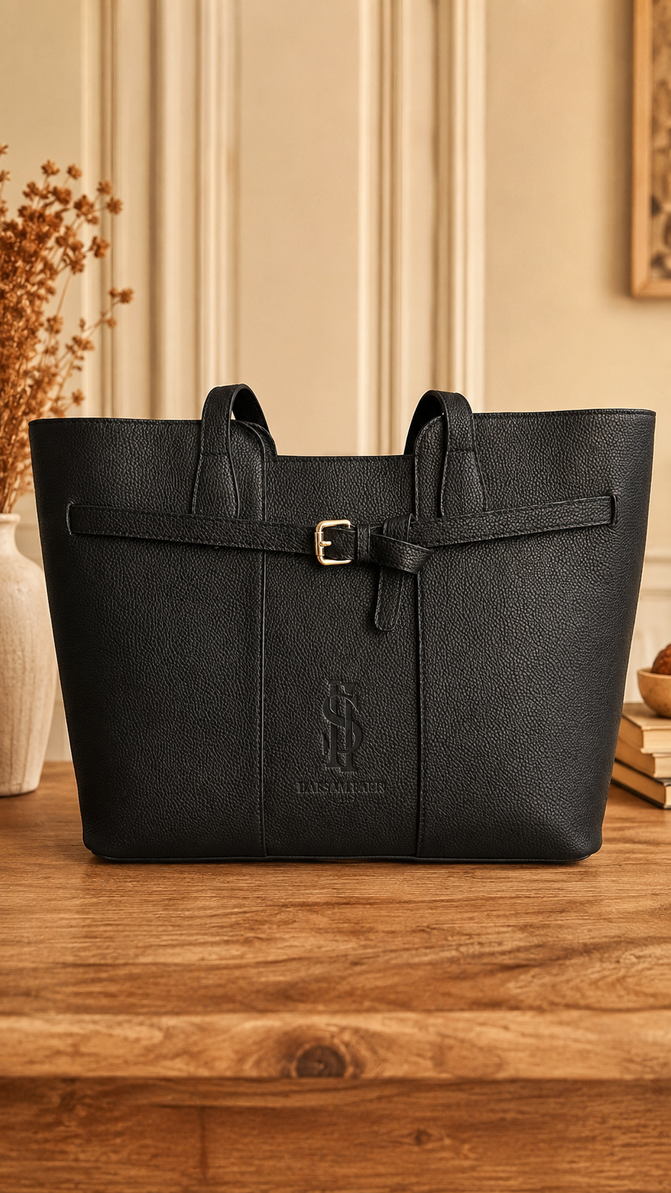 L'Élégant HAKSAM Paris — tote bag cuir Togo noir, vue de profil avec anses