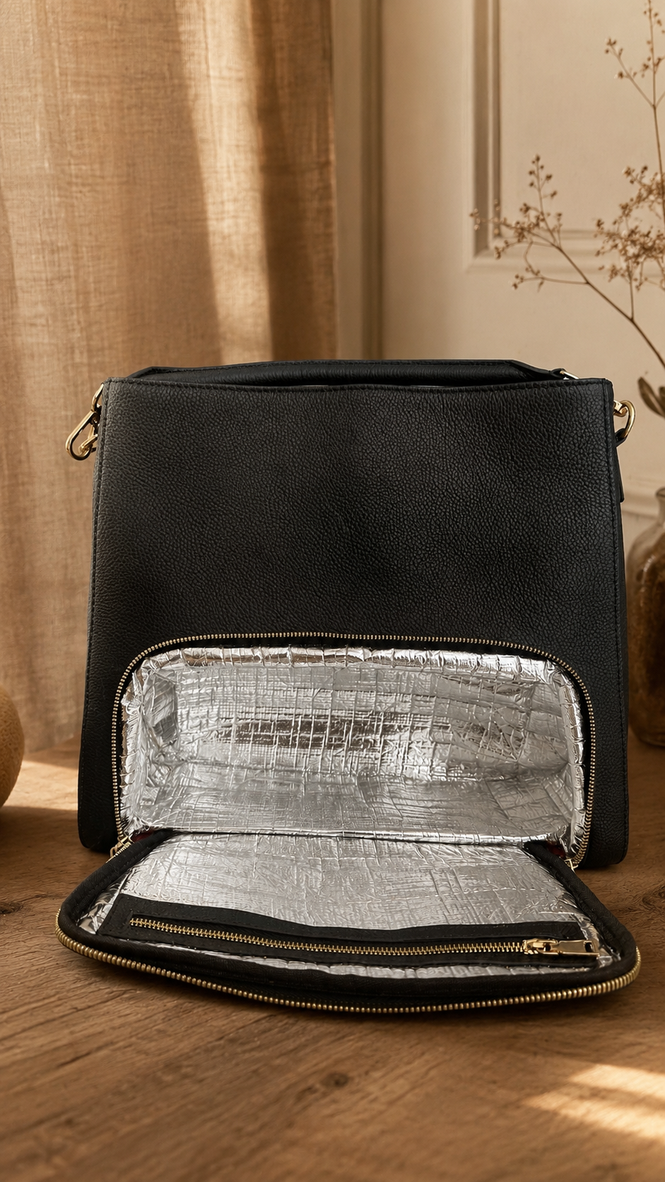 Le Signature HAKSAM Paris — tote bag cuir Togo noir, vue de profil avec anses