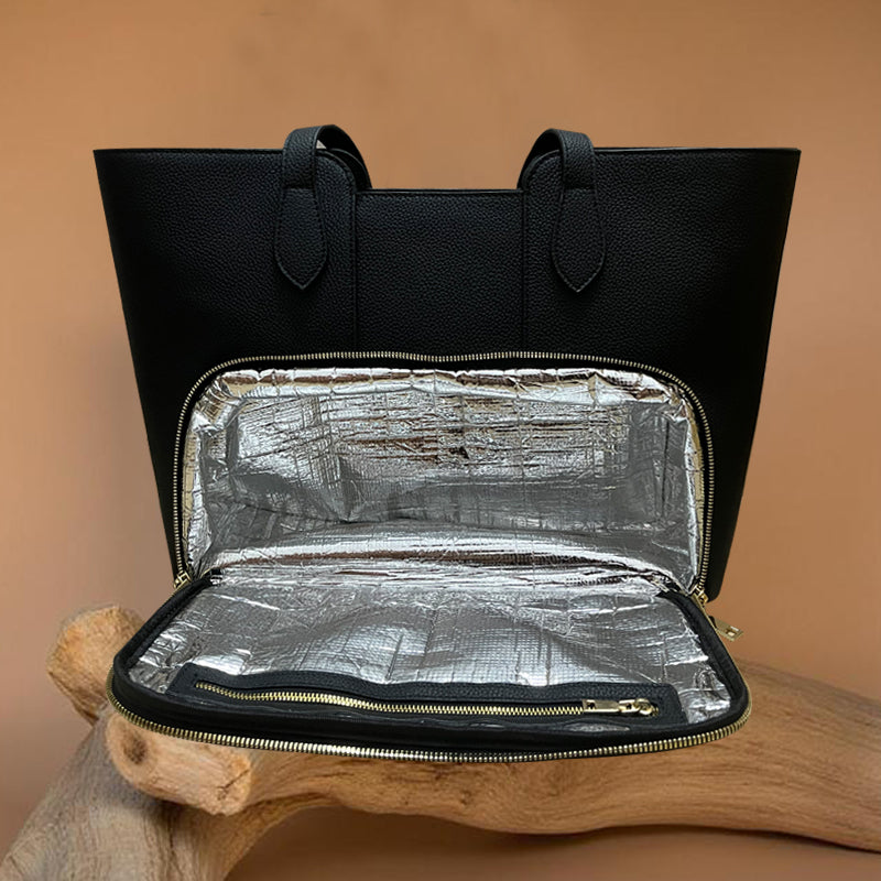  Compartiment isotherme du sac Signature HAKSAM Paris cuir Togo, ouvert et rempli de nourriture et boissons