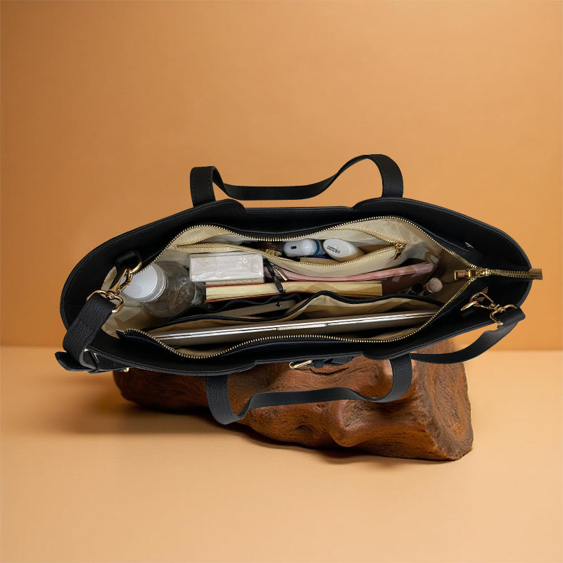  Sac Signature HAKSAM Paris en cuir Togo, vue de l'intérieur, élégant tote bag multifonction avec rangement ordinateur et compartiment isotherme 